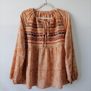 Unbranded Womens Orange Balloon Sleeve Tie Neck Leopard Print Blouse Size L